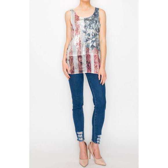 NEW ORIGAMI patriot sequin tank with chiffon layer in multi - Picture 2 of 3
